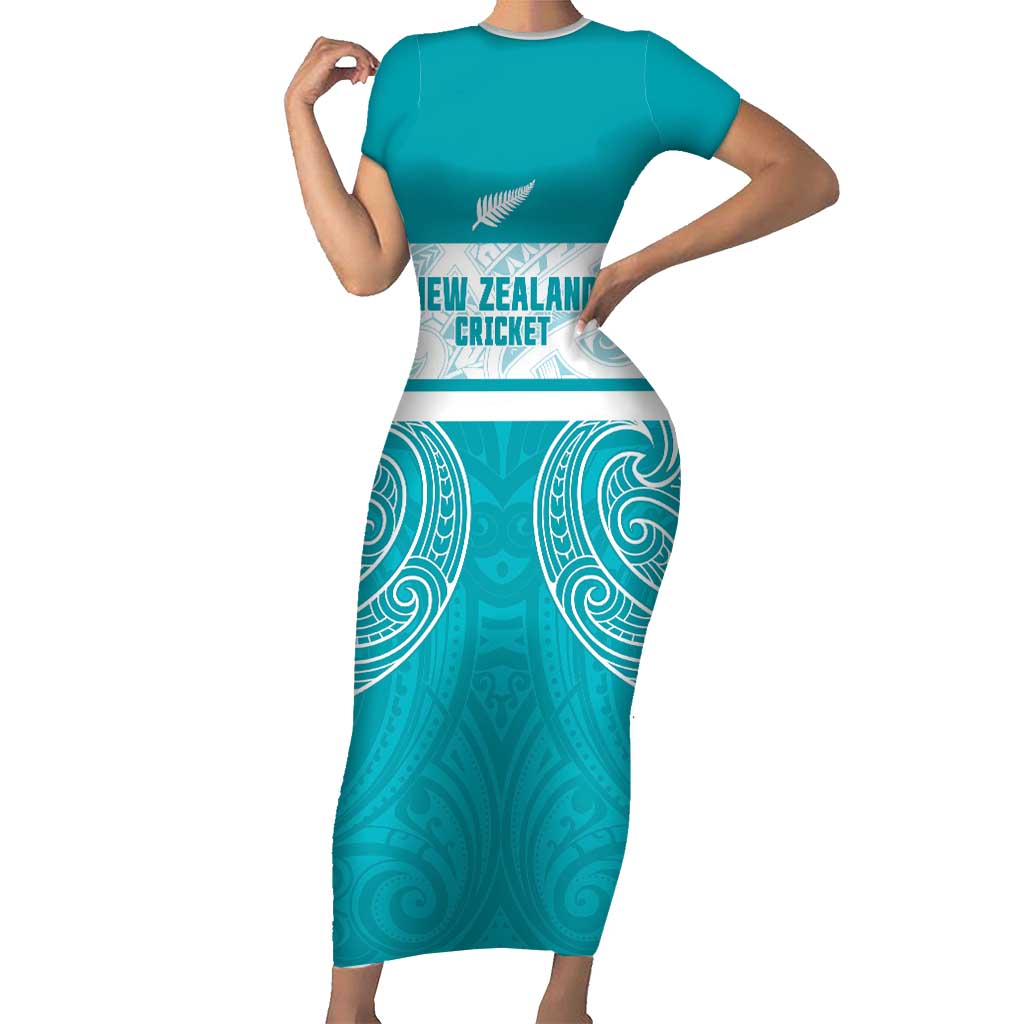 New Zealand Silver Fern Cricket Custom Short Sleeve Bodycon Dress Black Cap Teal Maori Pattern LT14 Long Dress Teal - Polynesian Pride