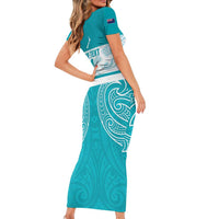 New Zealand Silver Fern Cricket Custom Short Sleeve Bodycon Dress Black Cap Teal Maori Pattern LT14 - Polynesian Pride