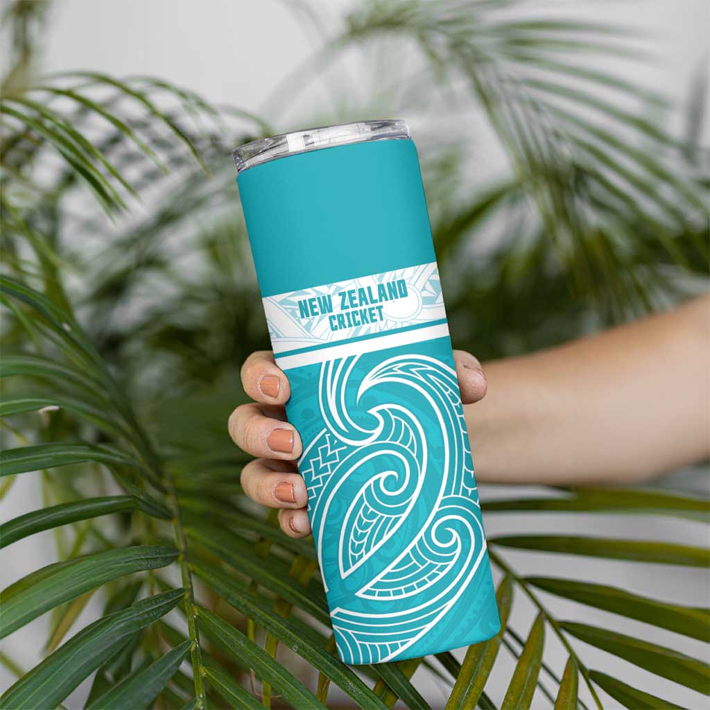 New Zealand Silver Fern Cricket Custom Skinny Tumbler Black Cap Teal Maori Pattern LT14 - Polynesian Pride