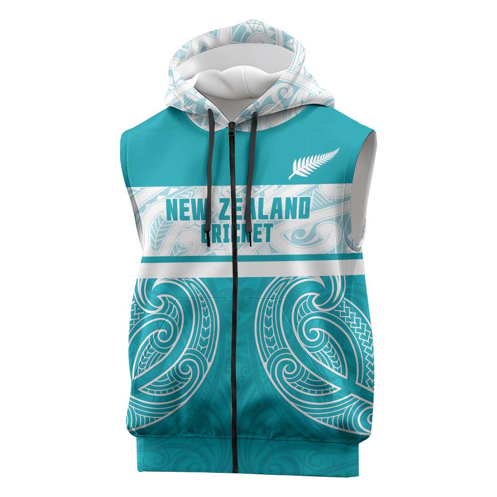 New Zealand Silver Fern Cricket Custom Sleeveless Zip Hoodie Black Cap Teal Maori Pattern - Polynesian Pride