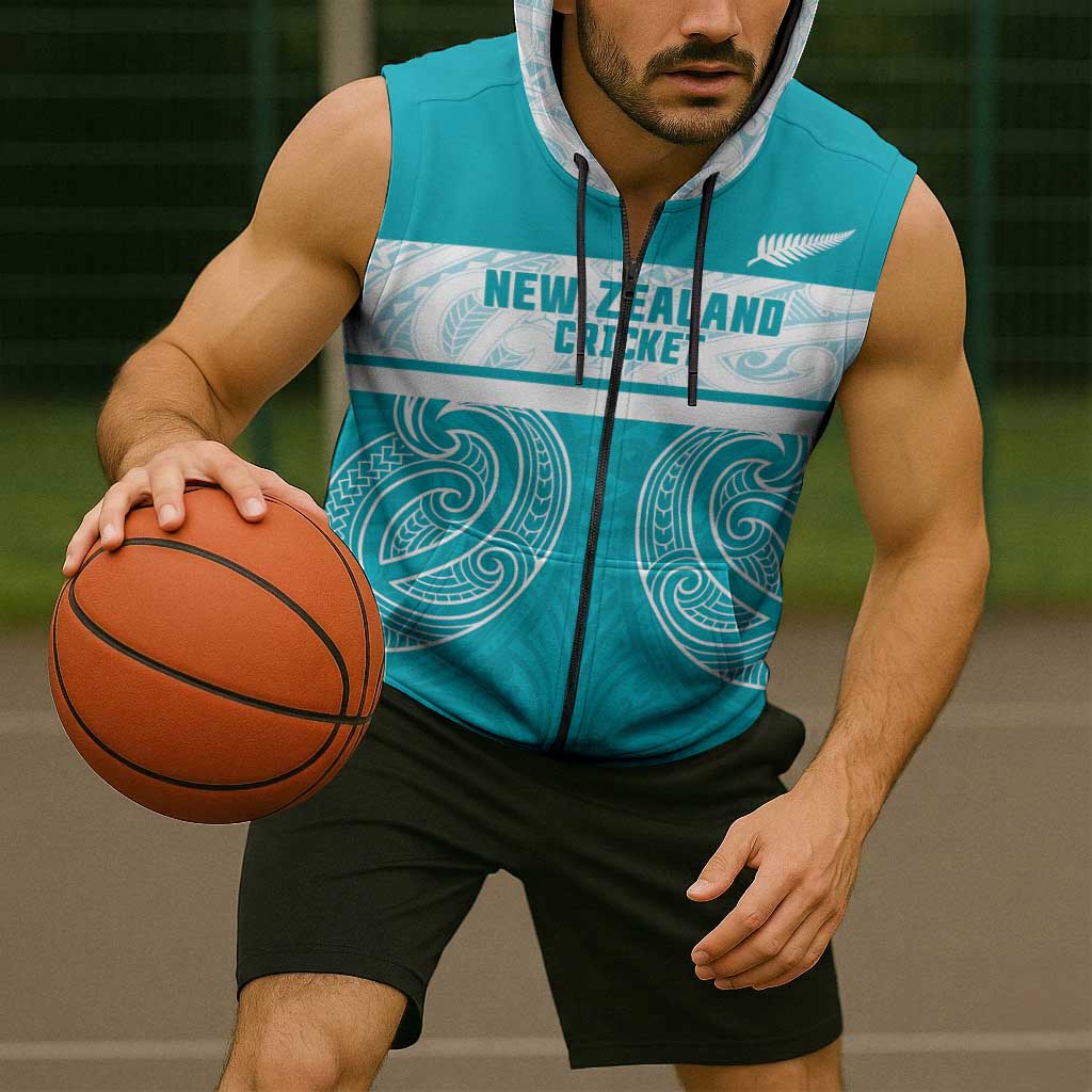 New Zealand Silver Fern Cricket Custom Sleeveless Zip Hoodie Black Cap Teal Maori Pattern - Polynesian Pride
