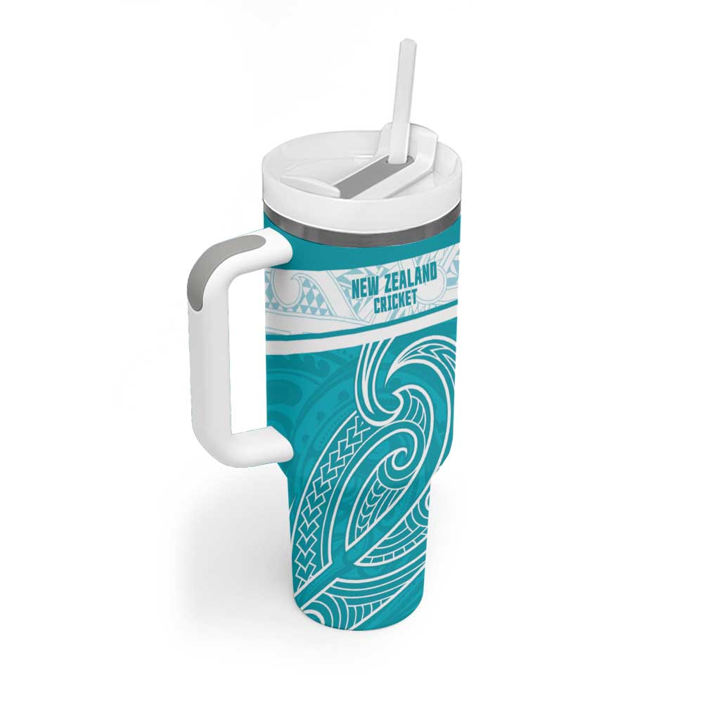 New Zealand Silver Fern Cricket Custom Tumbler With Handle Black Cap Teal Maori Pattern LT14 - Polynesian Pride