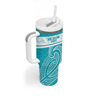 New Zealand Silver Fern Cricket Custom Tumbler With Handle Black Cap Teal Maori Pattern LT14 - Polynesian Pride