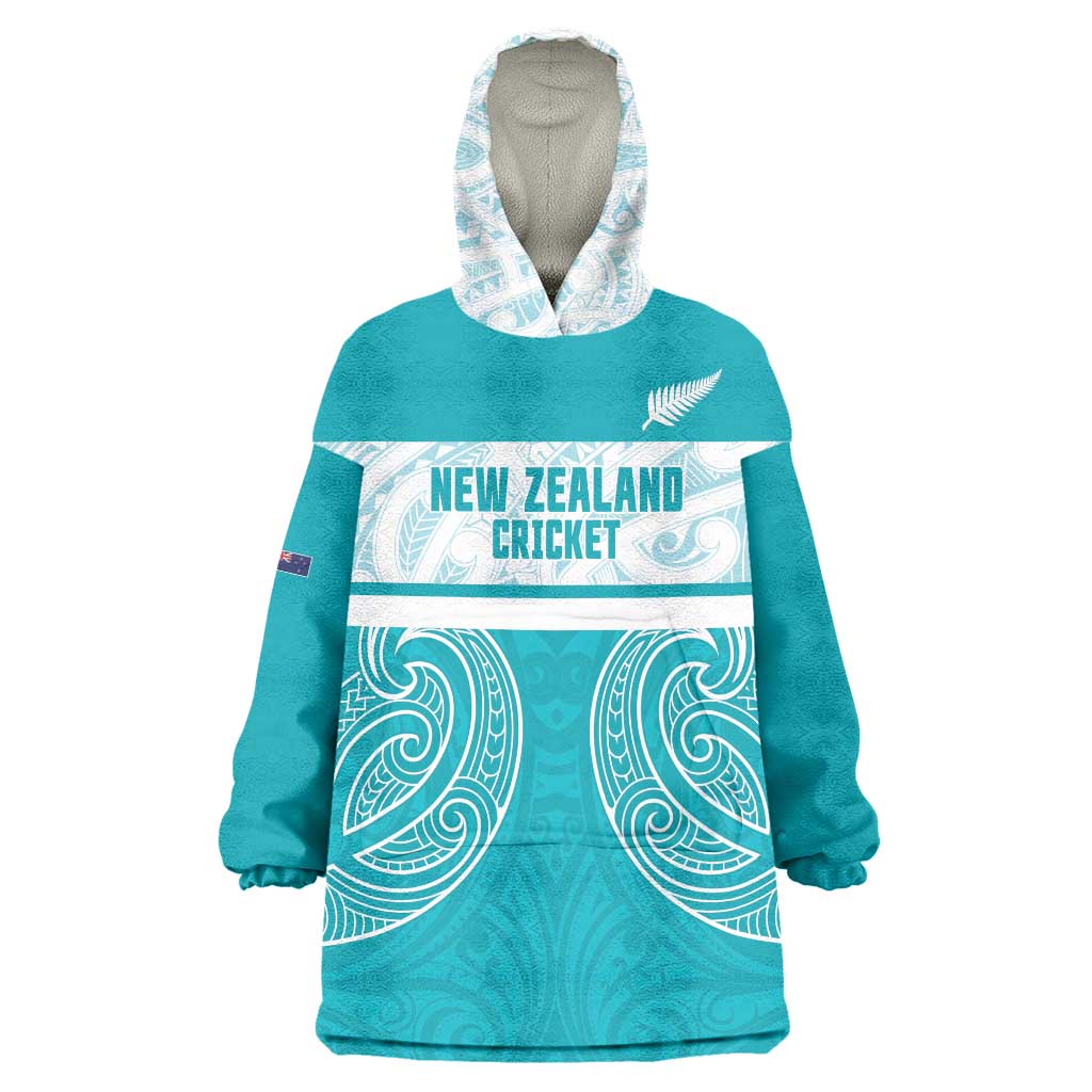 New Zealand Silver Fern Cricket Custom Wearable Blanket Hoodie Black Cap Teal Maori Pattern - Polynesian Pride