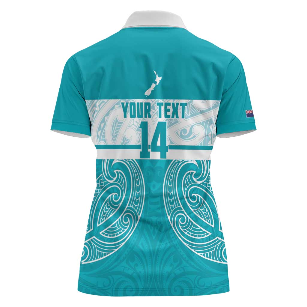 New Zealand Silver Fern Cricket Custom Women Polo Shirt Black Cap Teal Maori Pattern - Polynesian Pride