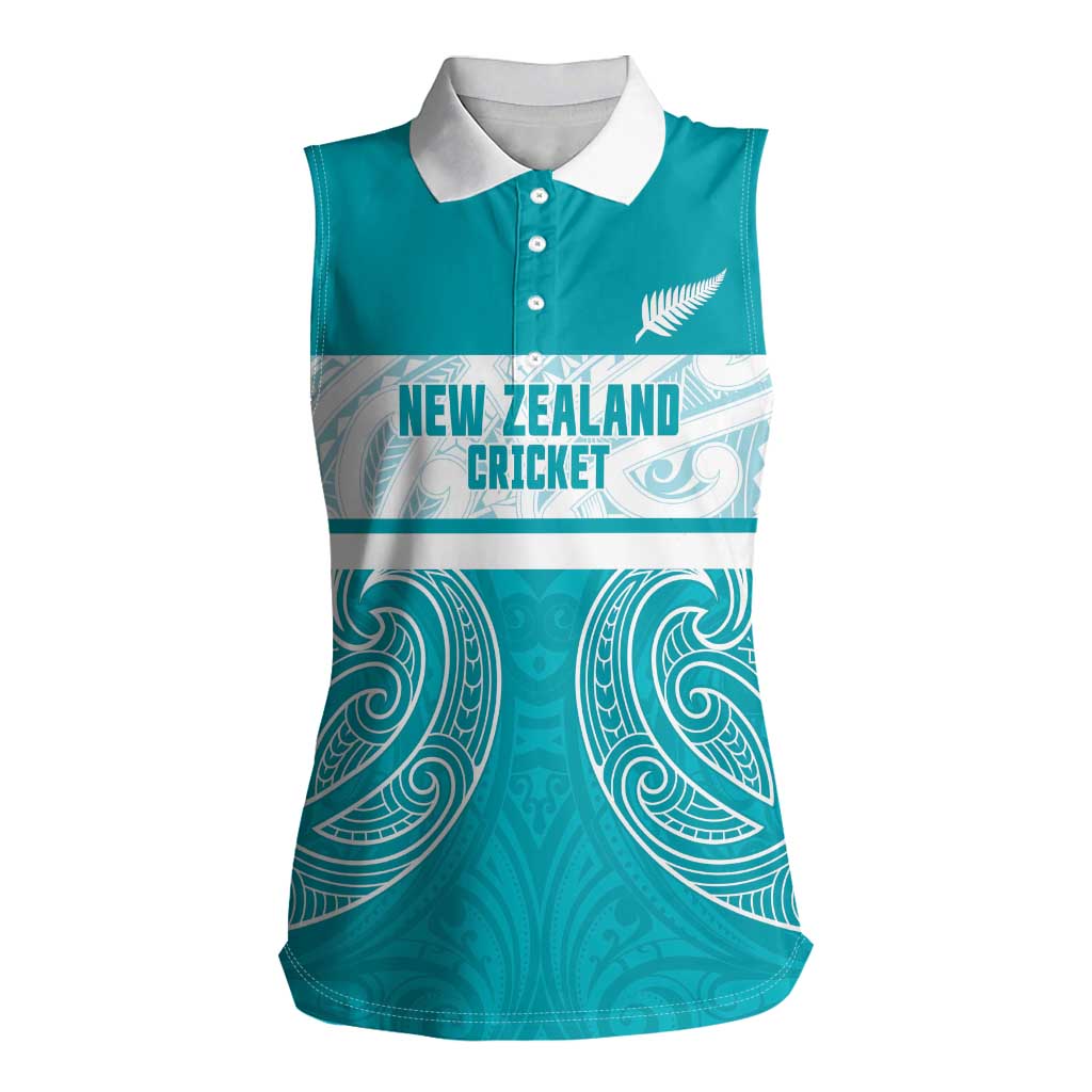 New Zealand Silver Fern Cricket Custom Women Sleeveless Polo Shirt Black Cap Teal Maori Pattern - Polynesian Pride