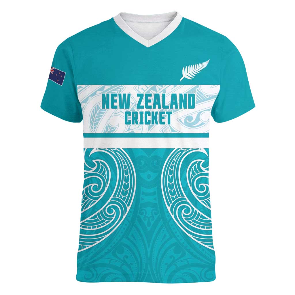 New Zealand Silver Fern Cricket Custom Women V-Neck T-Shirt Black Cap Teal Maori Pattern - Polynesian Pride