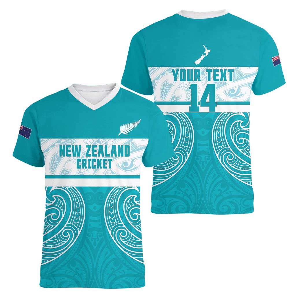 New Zealand Silver Fern Cricket Custom Women V-Neck T-Shirt Black Cap Teal Maori Pattern LT14 - Polynesian Pride