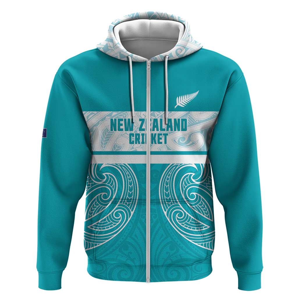 New Zealand Silver Fern Cricket Custom Zip Hoodie Black Cap Teal Maori Pattern LT14 Zip Hoodie Teal - Polynesian Pride