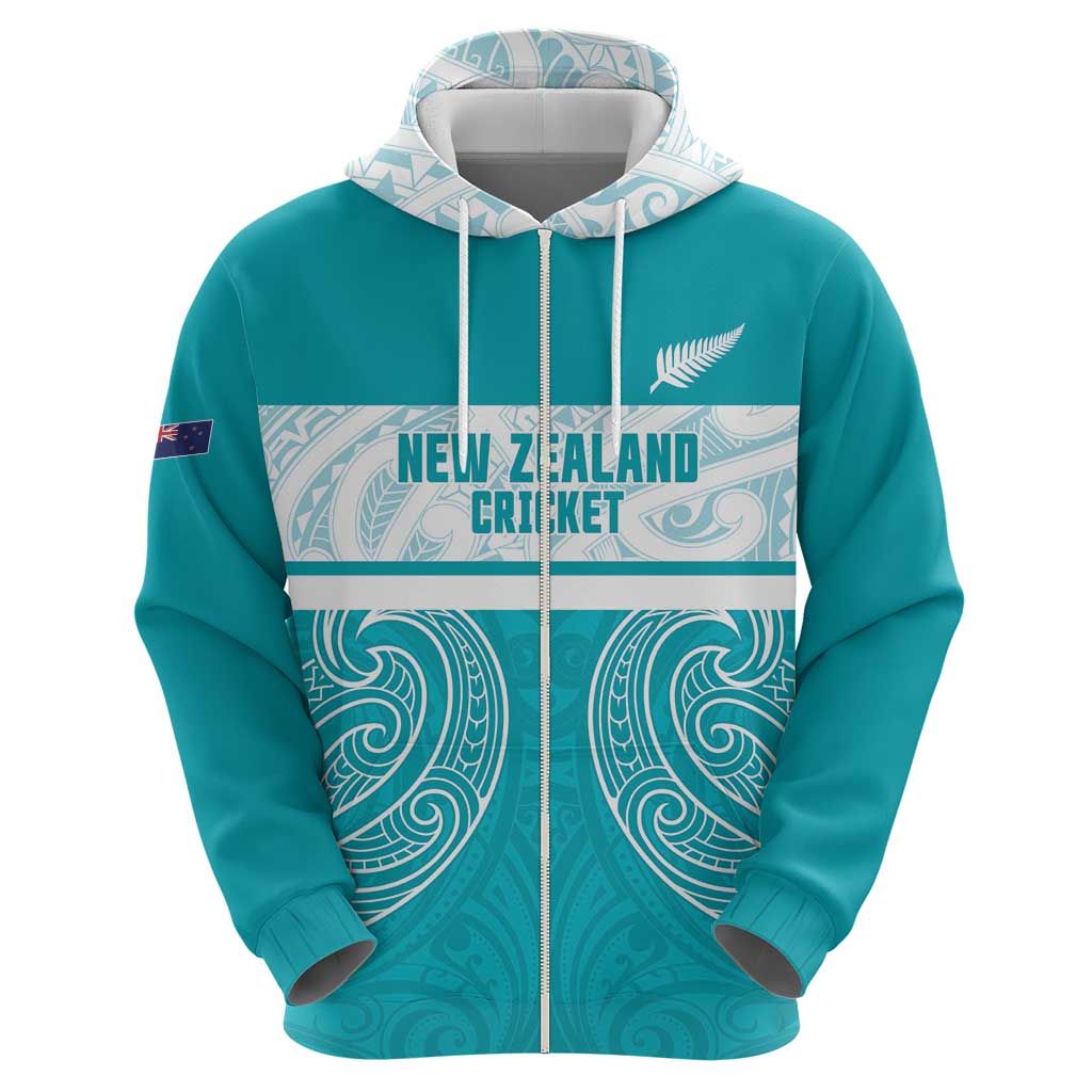 New Zealand Silver Fern Cricket Custom Zip Hoodie Black Cap Teal Maori Pattern LT14 - Polynesian Pride