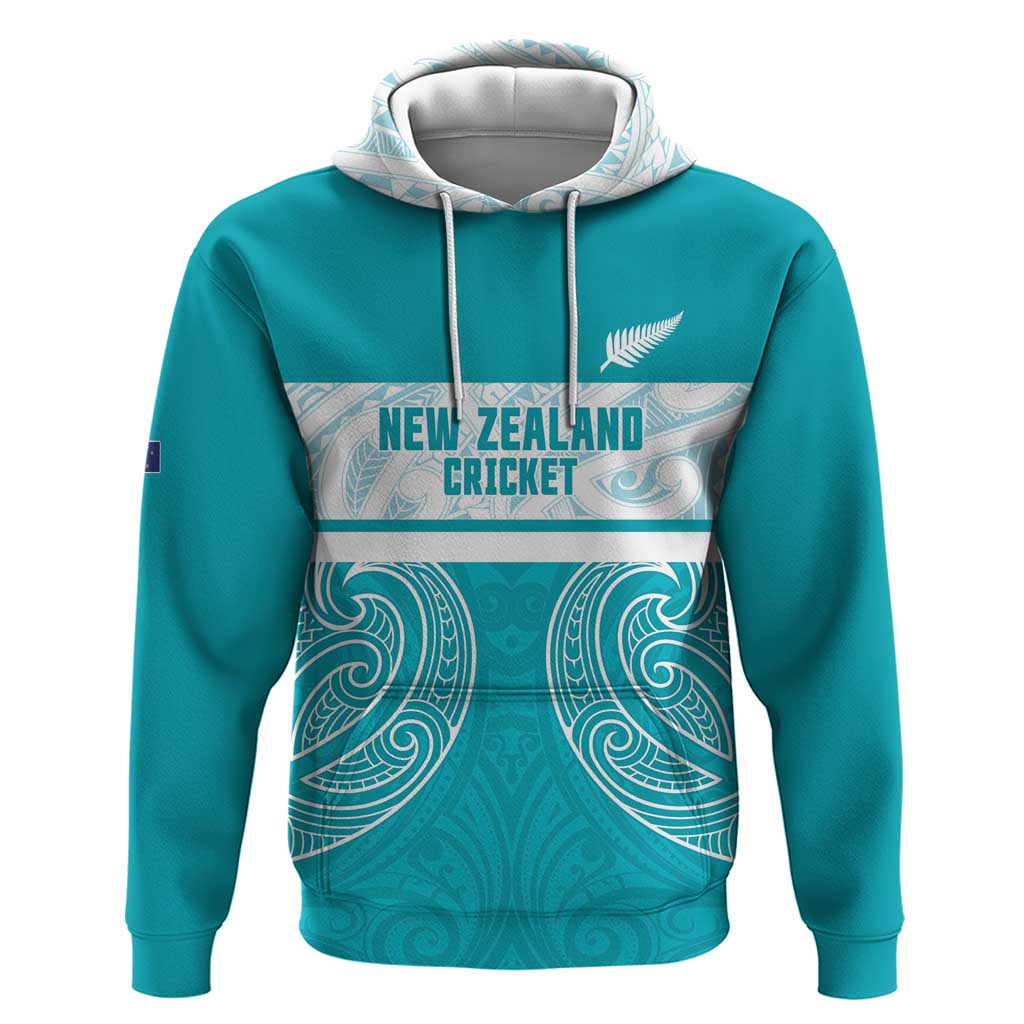 New Zealand Silver Fern Cricket Custom Zip Hoodie Black Cap Teal Maori Pattern LT14 Pullover Hoodie Teal - Polynesian Pride