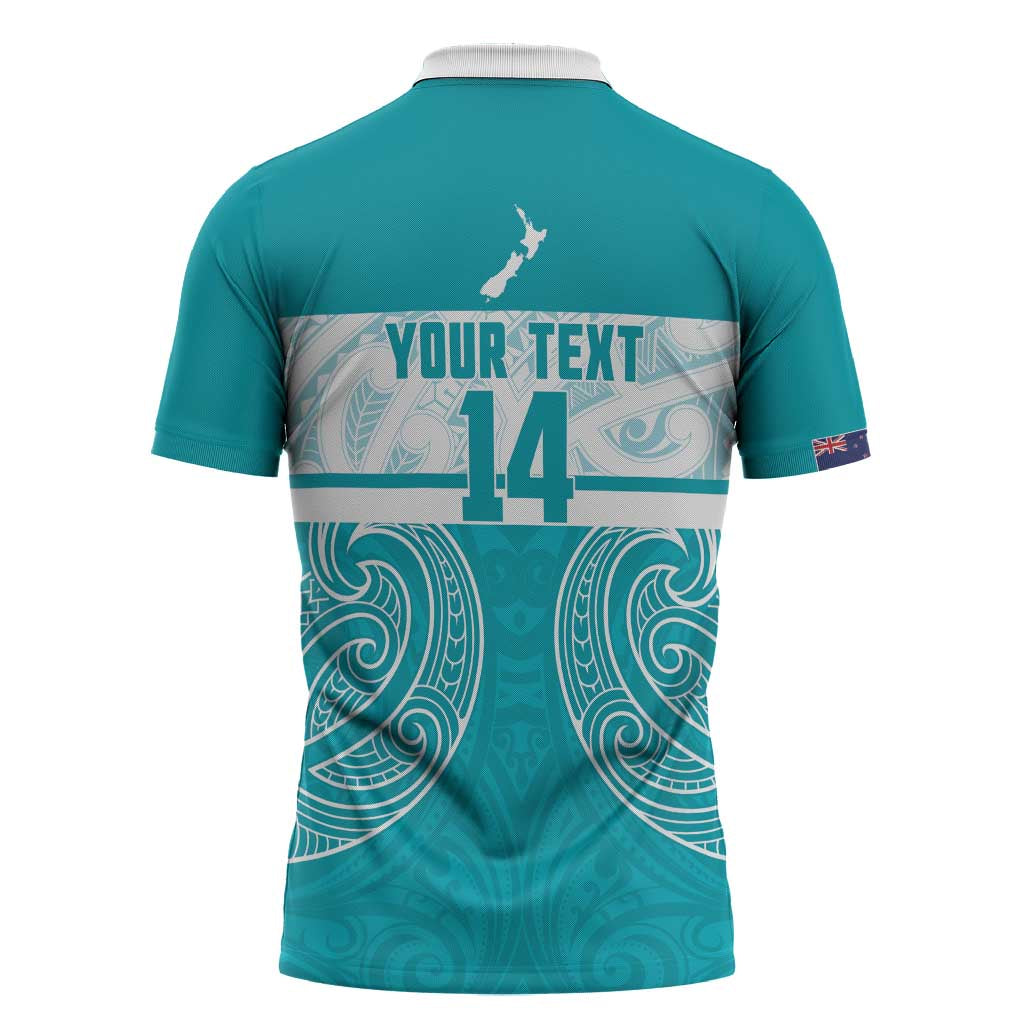 New Zealand Silver Fern Cricket Custom Zipper Polo Shirt Black Cap Teal Maori Pattern - Polynesian Pride