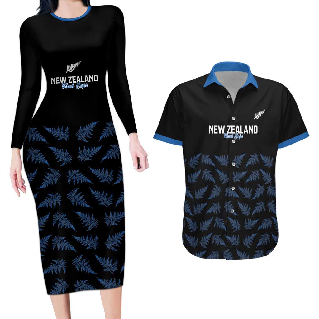 New Zealand Silver Fern Cricket Custom Couples Matching Long Sleeve Bodycon Dress and Hawaiian Shirt Black Cap T20 Version LT14 Black - Polynesian Pride