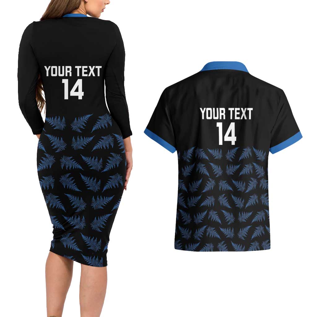 New Zealand Silver Fern Cricket Custom Couples Matching Long Sleeve Bodycon Dress and Hawaiian Shirt Black Cap T20 Version LT14 - Polynesian Pride