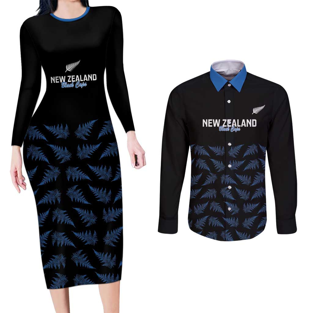 New Zealand Silver Fern Cricket Custom Couples Matching Long Sleeve Bodycon Dress and Long Sleeve Button Shirt Black Cap T20 Version LT14 Black - Polynesian Pride