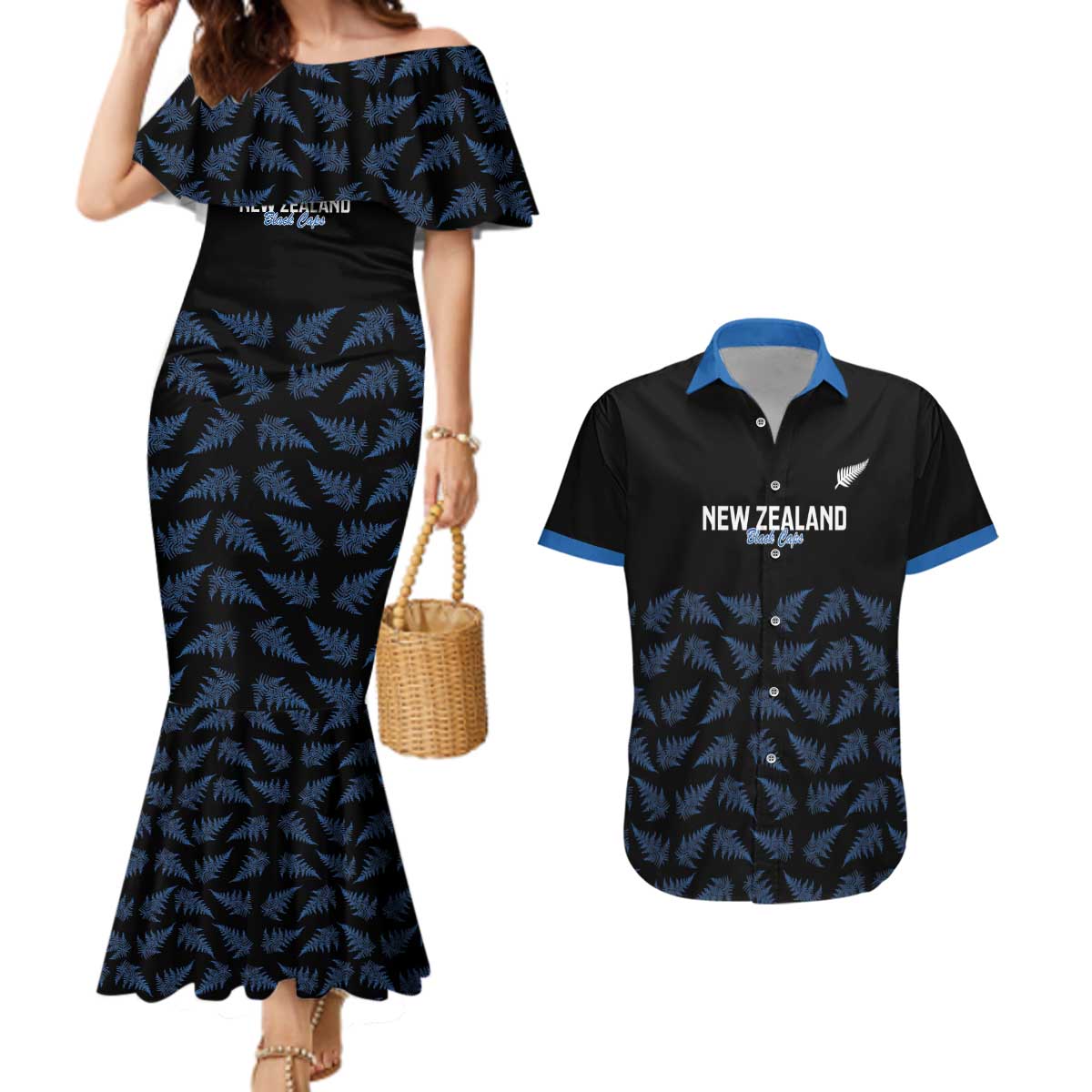 New Zealand Silver Fern Cricket Custom Couples Matching Mermaid Dress and Hawaiian Shirt Black Cap T20 Version LT14 Black - Polynesian Pride