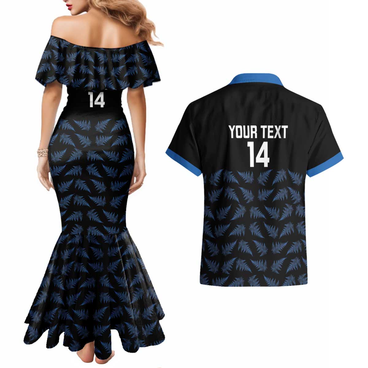 New Zealand Silver Fern Cricket Custom Couples Matching Mermaid Dress and Hawaiian Shirt Black Cap T20 Version LT14 - Polynesian Pride