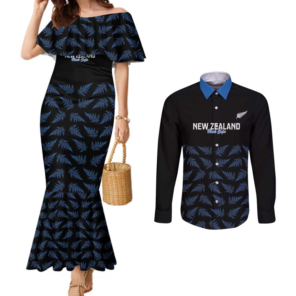 New Zealand Silver Fern Cricket Custom Couples Matching Mermaid Dress and Long Sleeve Button Shirt Black Cap T20 Version LT14 Black - Polynesian Pride