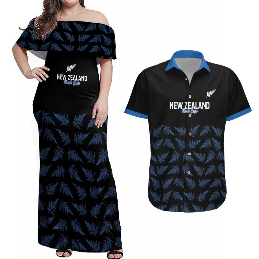 New Zealand Silver Fern Cricket Custom Couples Matching Off Shoulder Maxi Dress and Hawaiian Shirt Black Cap T20 Version LT14 Black - Polynesian Pride