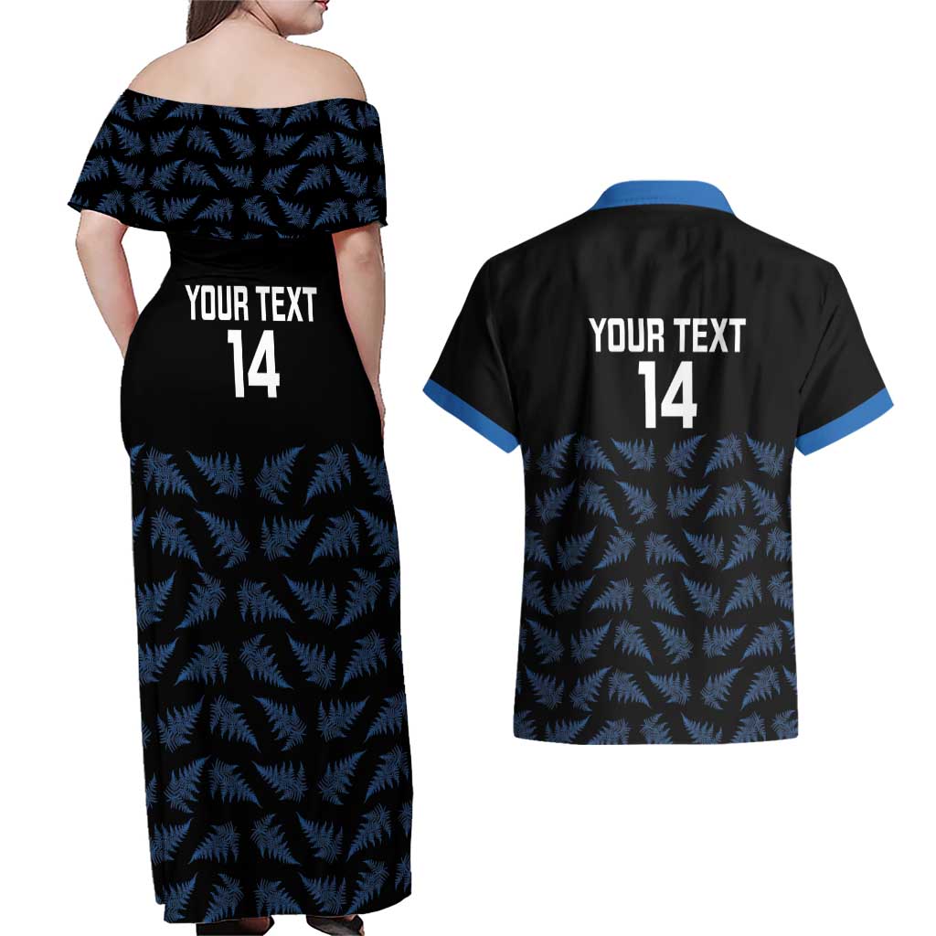 New Zealand Silver Fern Cricket Custom Couples Matching Off Shoulder Maxi Dress and Hawaiian Shirt Black Cap T20 Version LT14 - Polynesian Pride