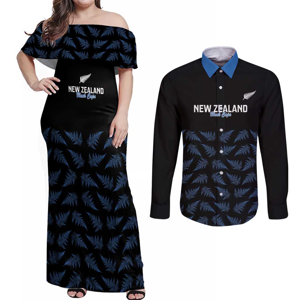 New Zealand Silver Fern Cricket Custom Couples Matching Off Shoulder Maxi Dress and Long Sleeve Button Shirt Black Cap T20 Version LT14 Black - Polynesian Pride
