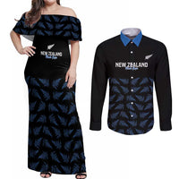 New Zealand Silver Fern Cricket Custom Couples Matching Off Shoulder Maxi Dress and Long Sleeve Button Shirt Black Cap T20 Version LT14 Black - Polynesian Pride