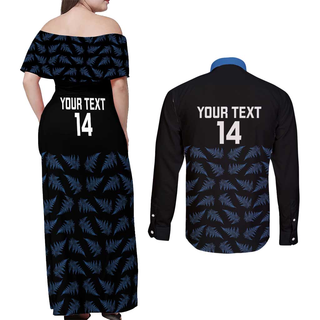 New Zealand Silver Fern Cricket Custom Couples Matching Off Shoulder Maxi Dress and Long Sleeve Button Shirt Black Cap T20 Version LT14 - Polynesian Pride