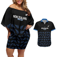 New Zealand Silver Fern Cricket Custom Couples Matching Off Shoulder Short Dress and Hawaiian Shirt Black Cap T20 Version LT14 Black - Polynesian Pride