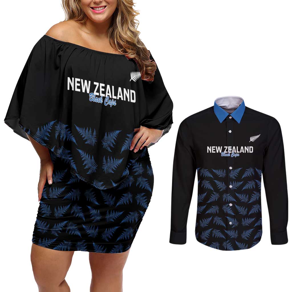 New Zealand Silver Fern Cricket Custom Couples Matching Off Shoulder Short Dress and Long Sleeve Button Shirt Black Cap T20 Version LT14 Black - Polynesian Pride