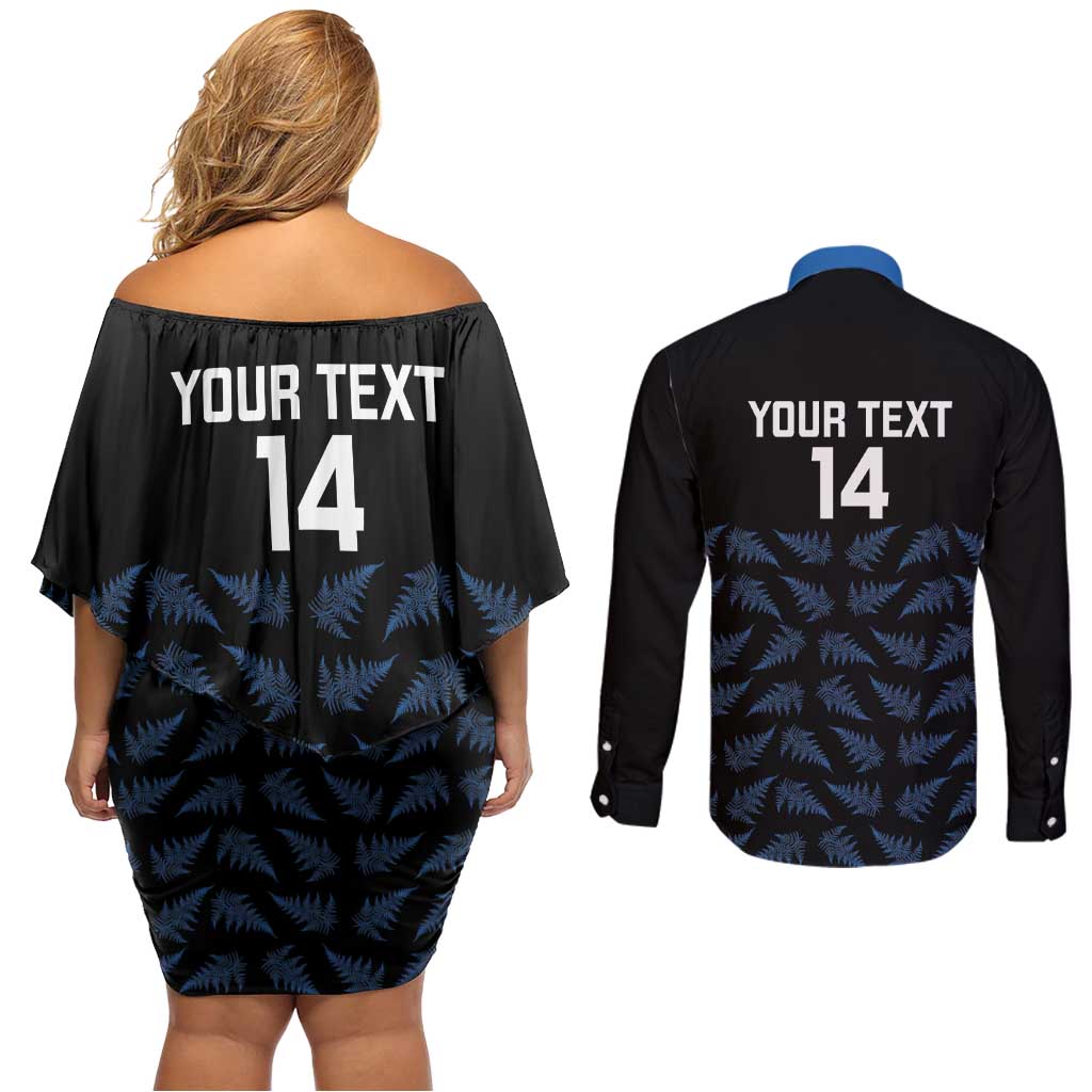 New Zealand Silver Fern Cricket Custom Couples Matching Off Shoulder Short Dress and Long Sleeve Button Shirt Black Cap T20 Version LT14 - Polynesian Pride