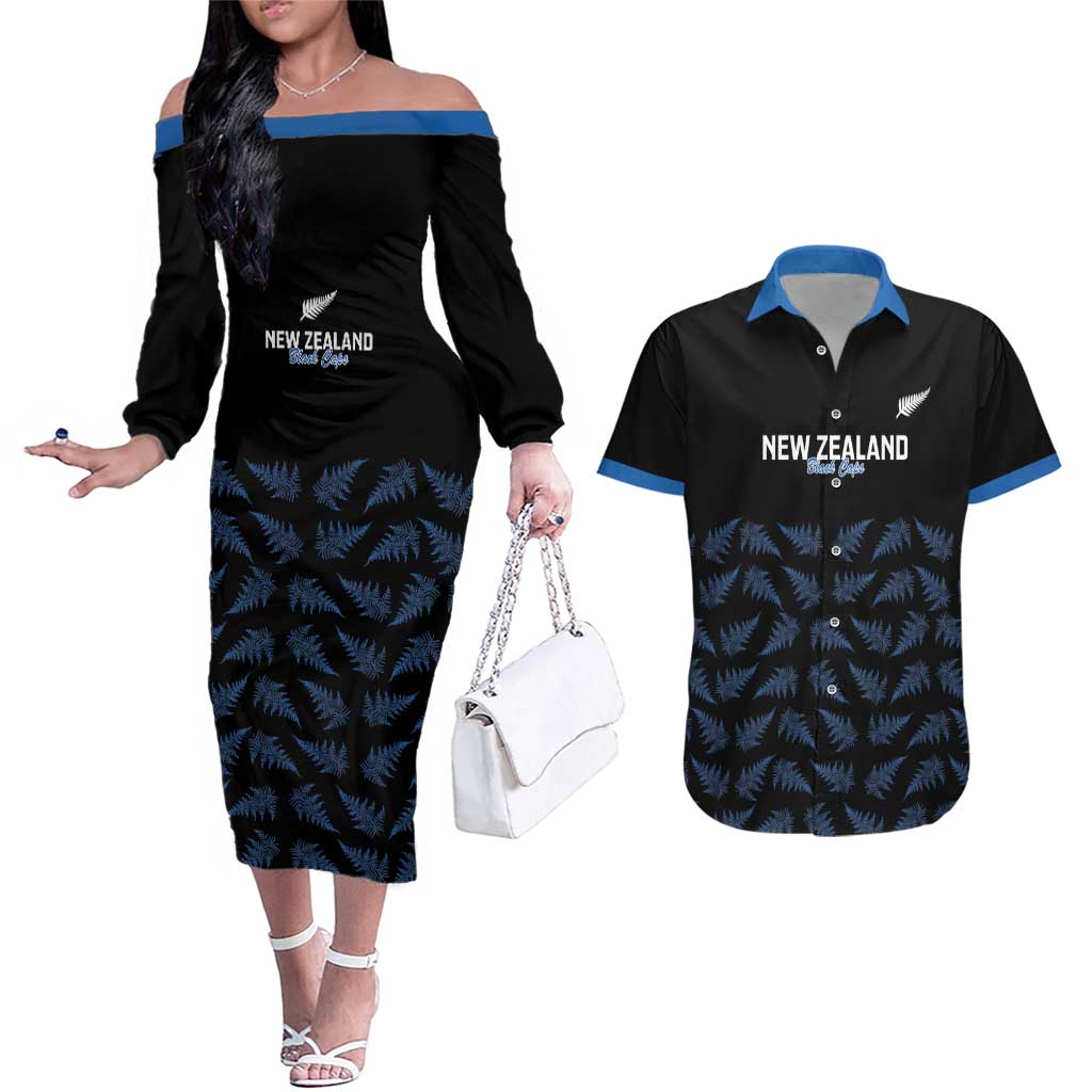 New Zealand Silver Fern Cricket Custom Couples Matching Off The Shoulder Long Sleeve Dress and Hawaiian Shirt Black Cap T20 Version LT14 Black - Polynesian Pride