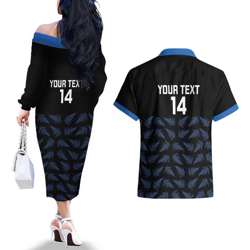 New Zealand Silver Fern Cricket Custom Couples Matching Off The Shoulder Long Sleeve Dress and Hawaiian Shirt Black Cap T20 Version LT14 - Polynesian Pride