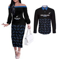 New Zealand Silver Fern Cricket Custom Couples Matching Off The Shoulder Long Sleeve Dress and Long Sleeve Button Shirt Black Cap T20 Version LT14 Black - Polynesian Pride