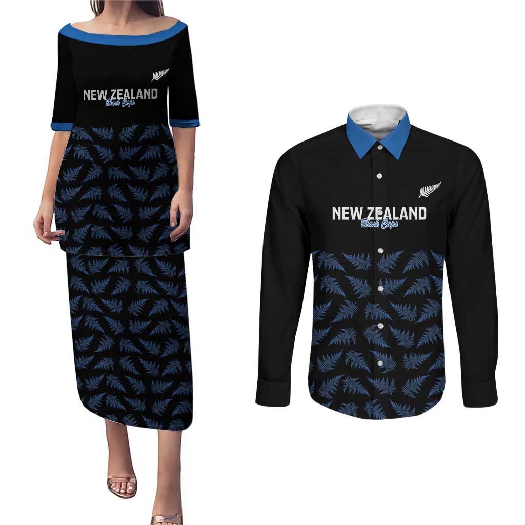 New Zealand Silver Fern Cricket Custom Couples Matching Puletasi and Long Sleeve Button Shirt Black Cap T20 Version LT14 Black - Polynesian Pride