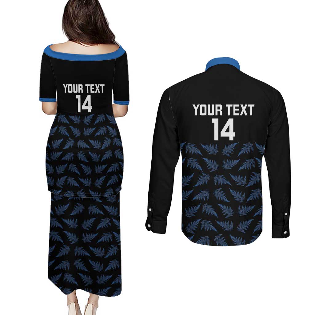 New Zealand Silver Fern Cricket Custom Couples Matching Puletasi and Long Sleeve Button Shirt Black Cap T20 Version LT14 - Polynesian Pride