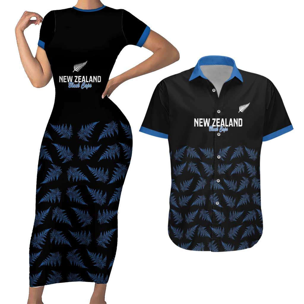 New Zealand Silver Fern Cricket Custom Couples Matching Short Sleeve Bodycon Dress and Hawaiian Shirt Black Cap T20 Version - Polynesian Pride