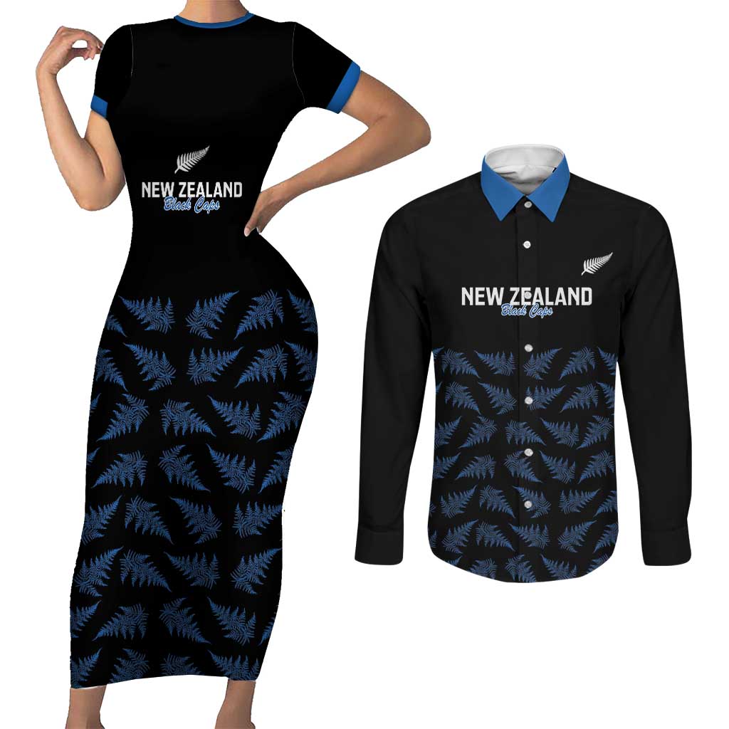 New Zealand Silver Fern Cricket Custom Couples Matching Short Sleeve Bodycon Dress and Long Sleeve Button Shirt Black Cap T20 Version LT14 Black - Polynesian Pride