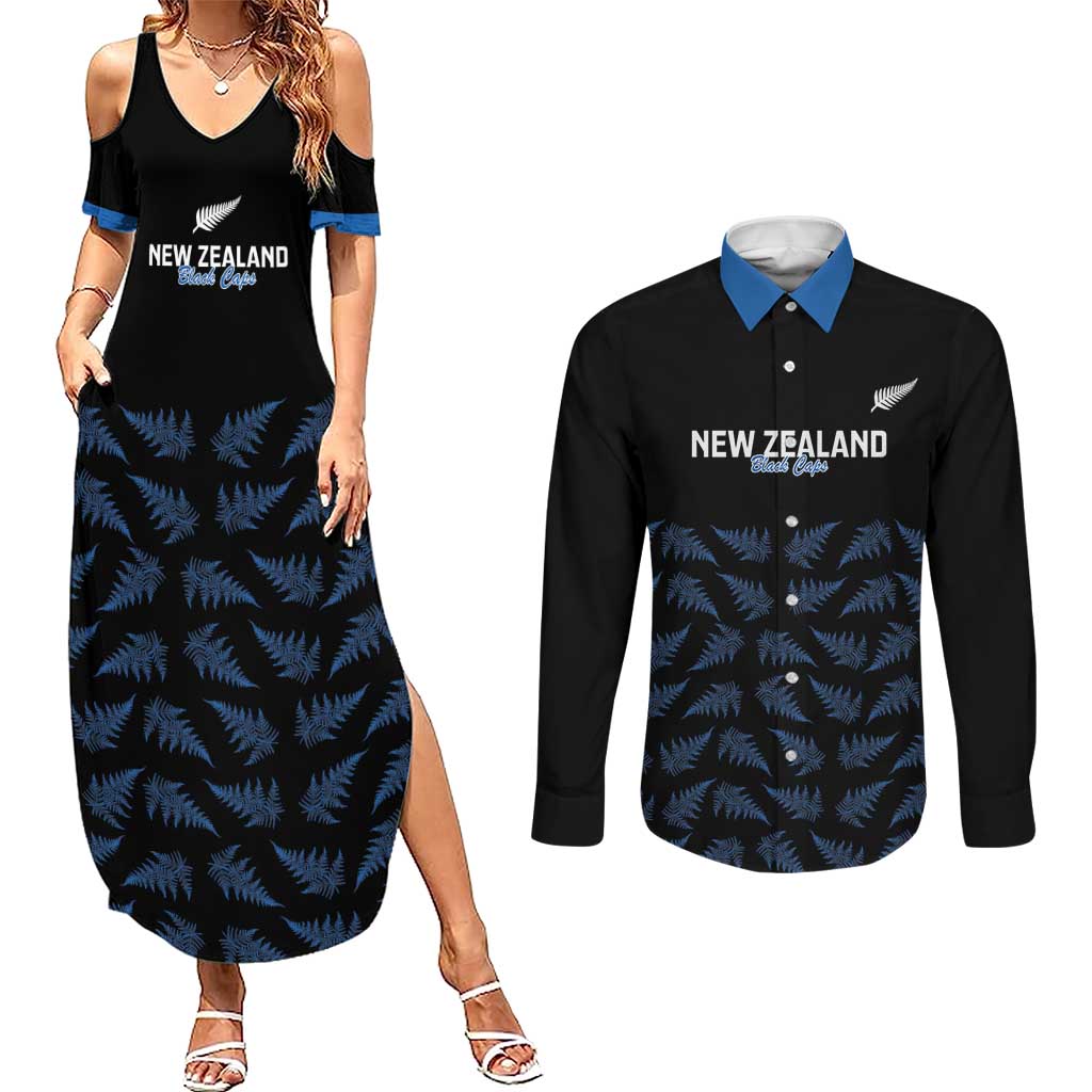 New Zealand Silver Fern Cricket Custom Couples Matching Summer Maxi Dress and Long Sleeve Button Shirt Black Cap T20 Version LT14 Black - Polynesian Pride