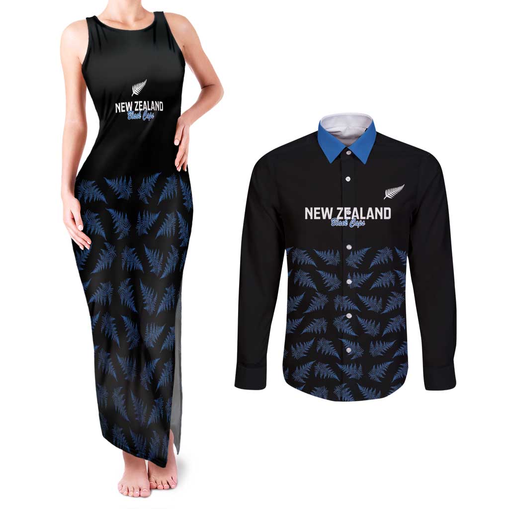 New Zealand Silver Fern Cricket Custom Couples Matching Tank Maxi Dress and Long Sleeve Button Shirt Black Cap T20 Version LT14 Black - Polynesian Pride