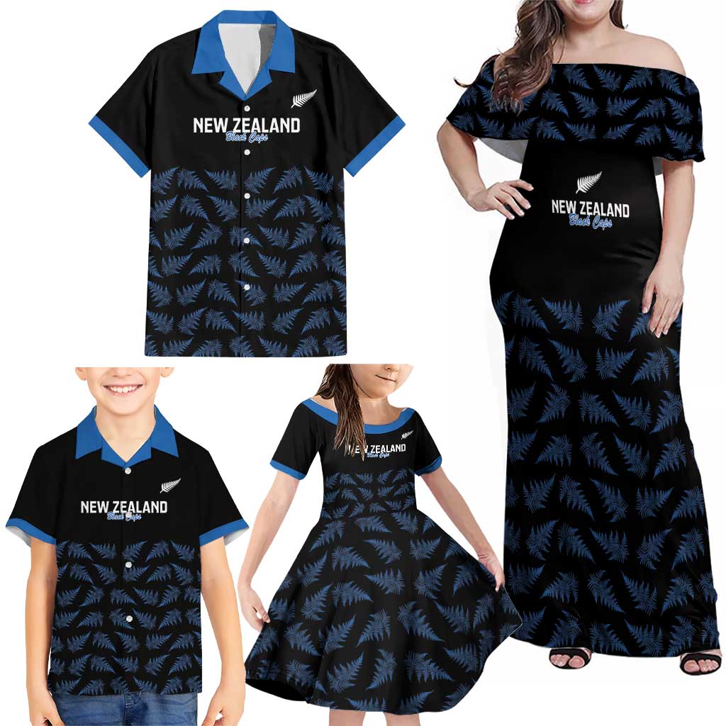 New Zealand Silver Fern Cricket Custom Family Matching Off Shoulder Maxi Dress and Hawaiian Shirt Black Cap T20 Version LT14 - Polynesian Pride