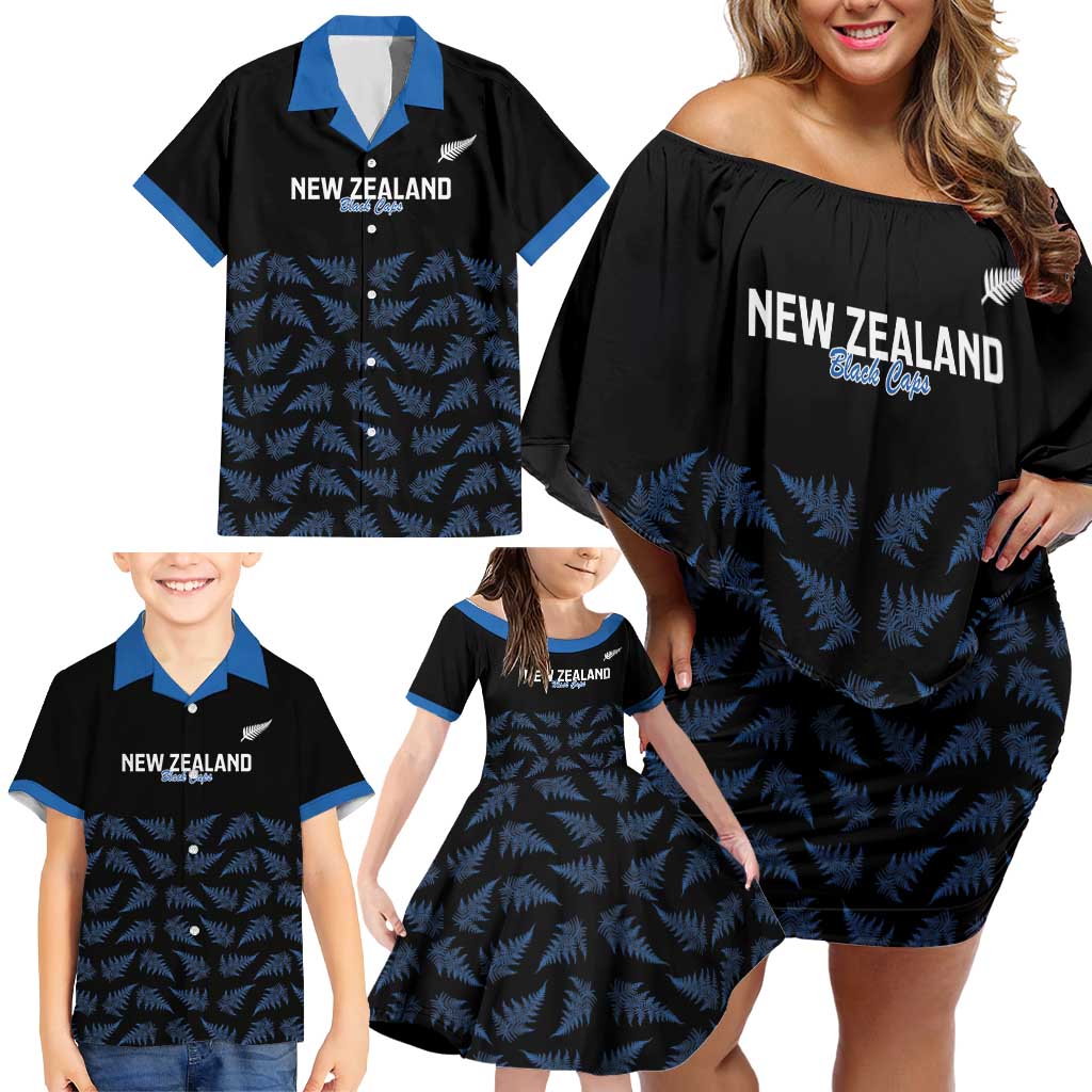 New Zealand Silver Fern Cricket Custom Family Matching Off Shoulder Short Dress and Hawaiian Shirt Black Cap T20 Version - Polynesian Pride