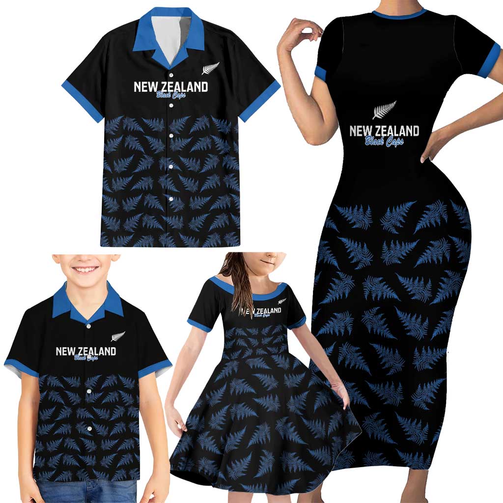 New Zealand Silver Fern Cricket Custom Family Matching Short Sleeve Bodycon Dress and Hawaiian Shirt Black Cap T20 Version - Polynesian Pride
