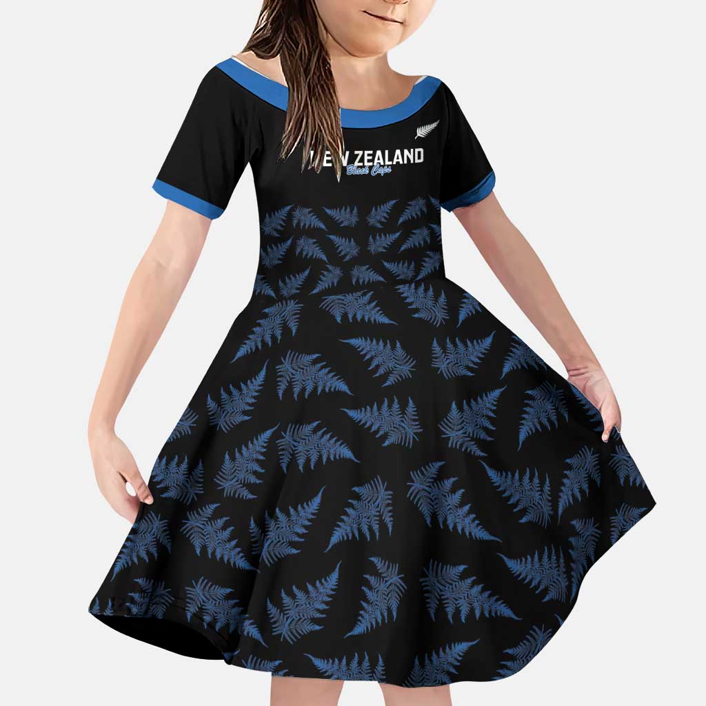New Zealand Silver Fern Cricket Custom Family Matching Tank Maxi Dress and Hawaiian Shirt Black Cap T20 Version LT14 Daughter's Dress Black - Polynesian Pride