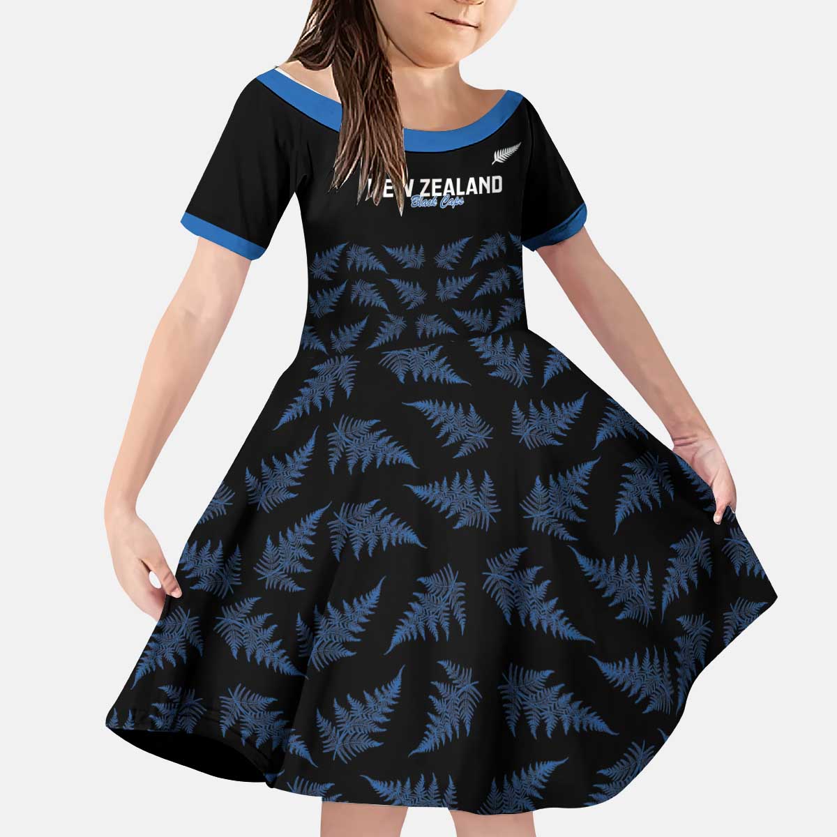 New Zealand Silver Fern Cricket Custom Kid Short Sleeve Dress Black Cap T20 Version - Polynesian Pride