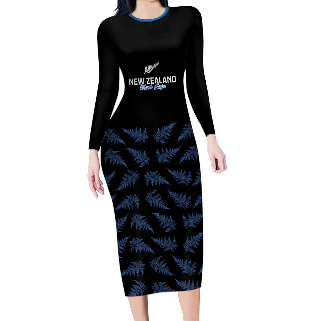 New Zealand Silver Fern Cricket Custom Long Sleeve Bodycon Dress Black Cap T20 Version - Polynesian Pride