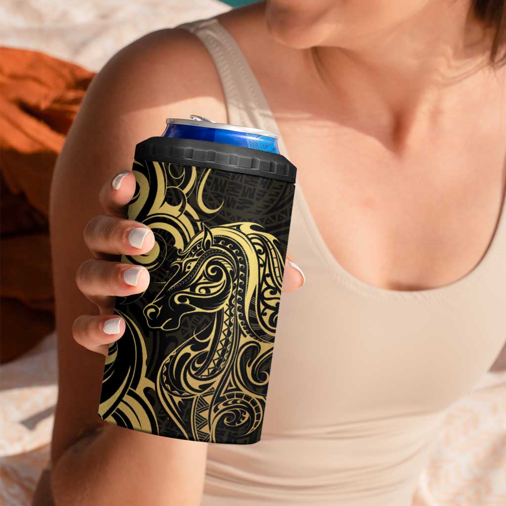 Gold And Black Aoteara Horse Racing 4 in 1 Can Cooler Tumbler NZ Maori Pattern