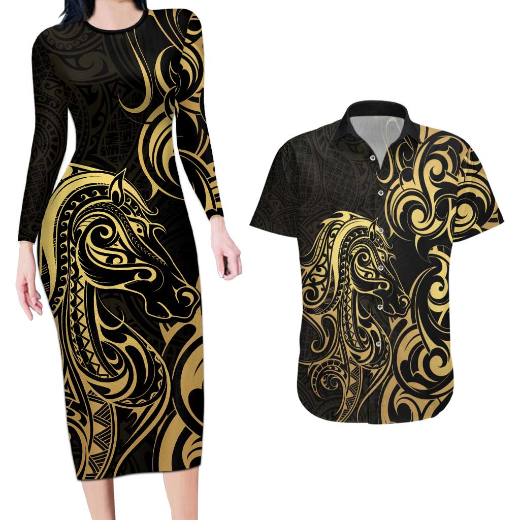 Gold And Black Aotearoa Horse Racing Couples Matching Long Sleeve Bodycon Dress and Hawaiian Shirt NZ Maori Pattern LT14 Black - Polynesian Pride