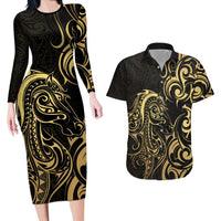 Gold And Black Aotearoa Horse Racing Couples Matching Long Sleeve Bodycon Dress and Hawaiian Shirt NZ Maori Pattern LT14 Black - Polynesian Pride