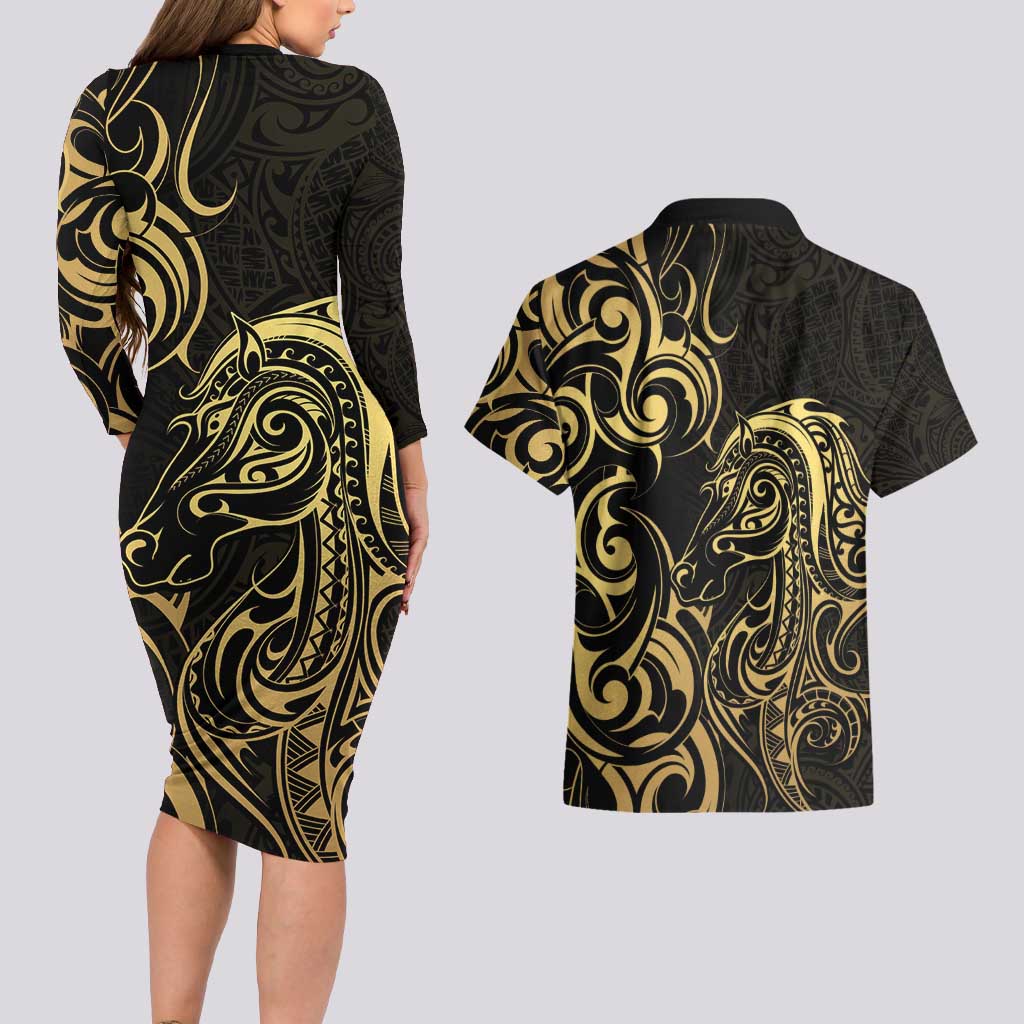 Gold And Black Aotearoa Horse Racing Couples Matching Long Sleeve Bodycon Dress and Hawaiian Shirt NZ Maori Pattern LT14 - Polynesian Pride