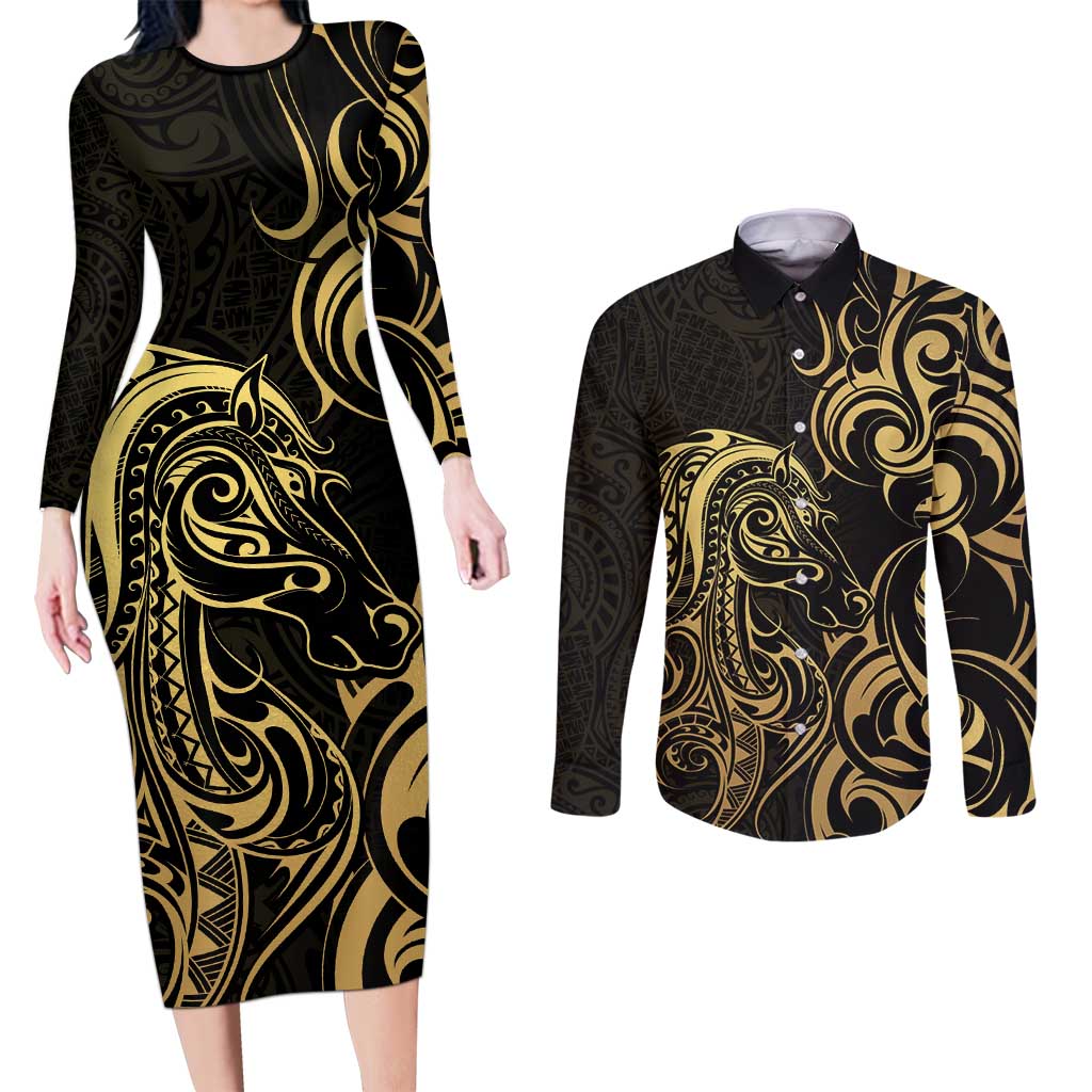 Gold And Black Aotearoa Horse Racing Couples Matching Long Sleeve Bodycon Dress and Long Sleeve Button Shirt NZ Maori Pattern LT14 Black - Polynesian Pride